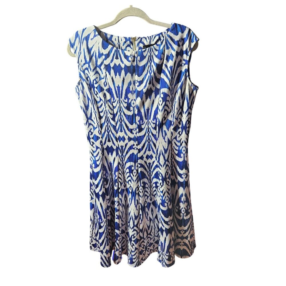 Blue & White Ikat Print Dress With Cap Sleeves & Back Zipper By Zarr Collection